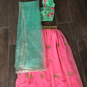 Pink & Green Embroidered Indian Lehenga